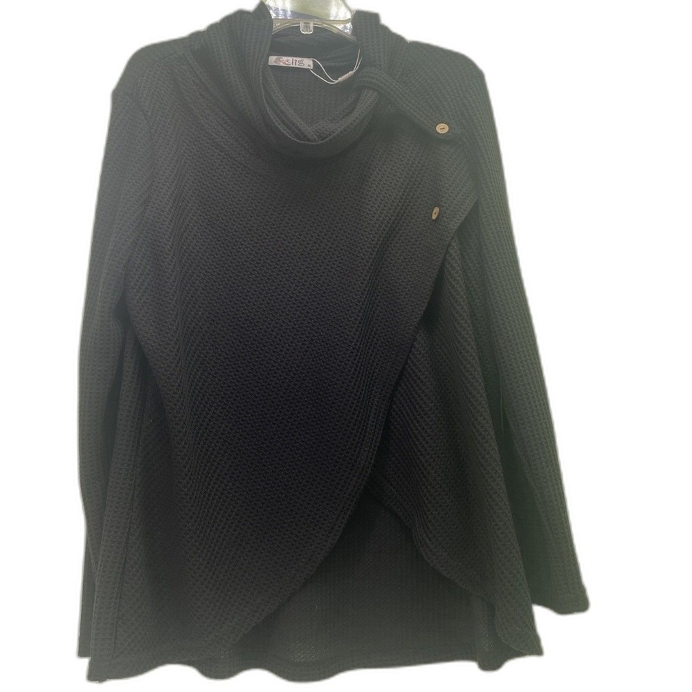 Lig Crossover Waffle Knit Sweater Womens XXL Black Excellent Cowl Neck Button‎